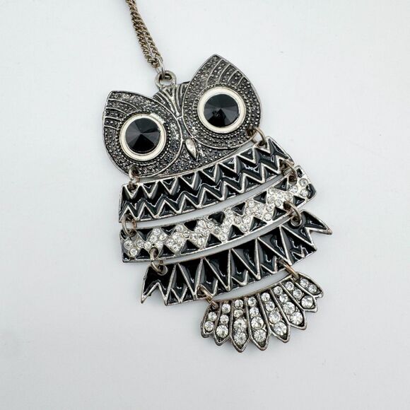 Vintage Art Deco Style Owl Pendant Necklace – Black Enamel & Rhinestone Long - Picture 5 of 13